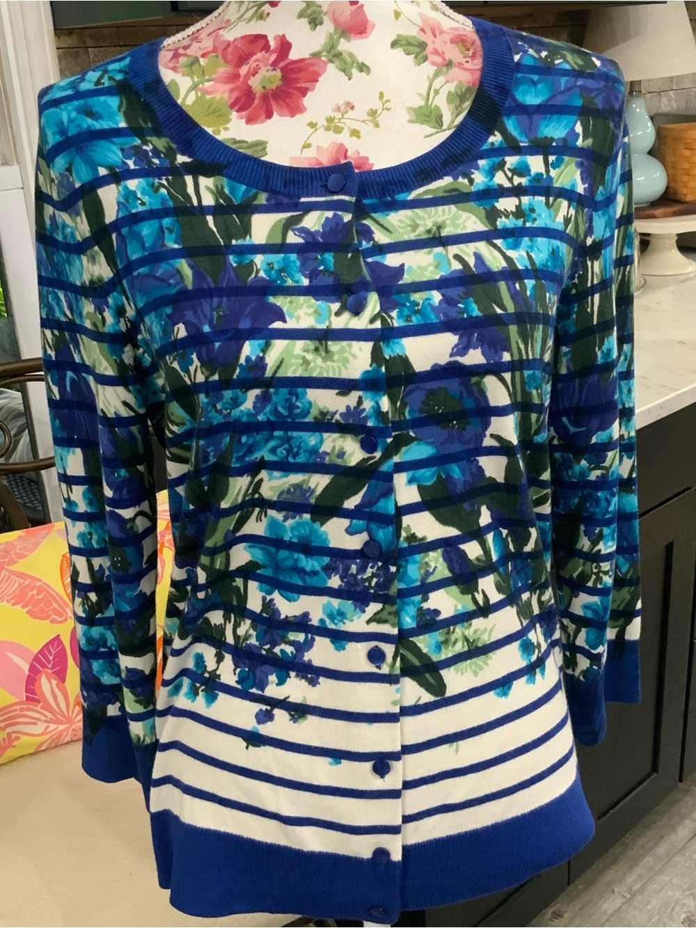 Talbots Cardigan Button Front Blue Strip Floral Sz M Lightweight Preppy Feminine